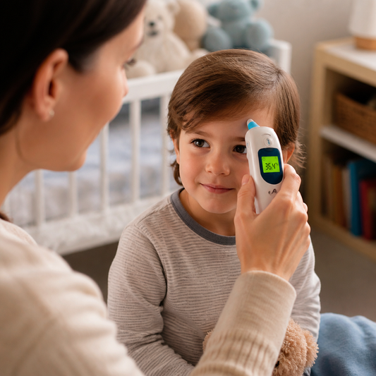 Parent taking a child's ear temperature at night to check for fever