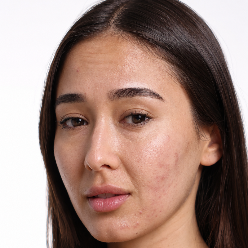 A close-up portrait of a woman with long dark brown hair, showing her face and shoulders against a plain white background.