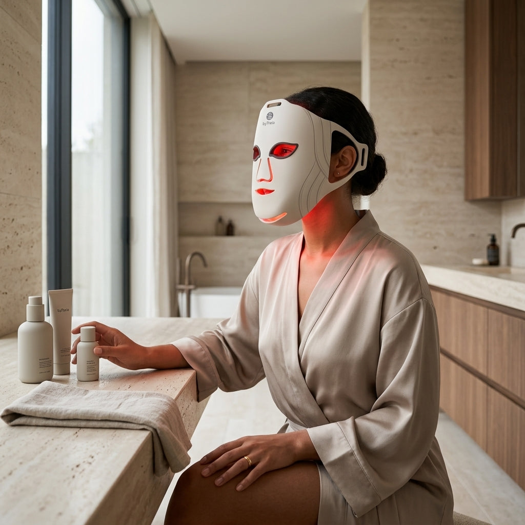 Woman wearing byTheia 5D Pro LED therapy mask hands-free - fully wireless 4000mAh battery, 10 minute session, Health Canada licensed LED face mask Canada