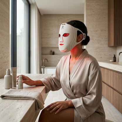 Woman wearing byTheia 5D Pro LED therapy mask hands-free - fully wireless 4000mAh battery, 10 minute session, Health Canada licensed LED face mask Canada
