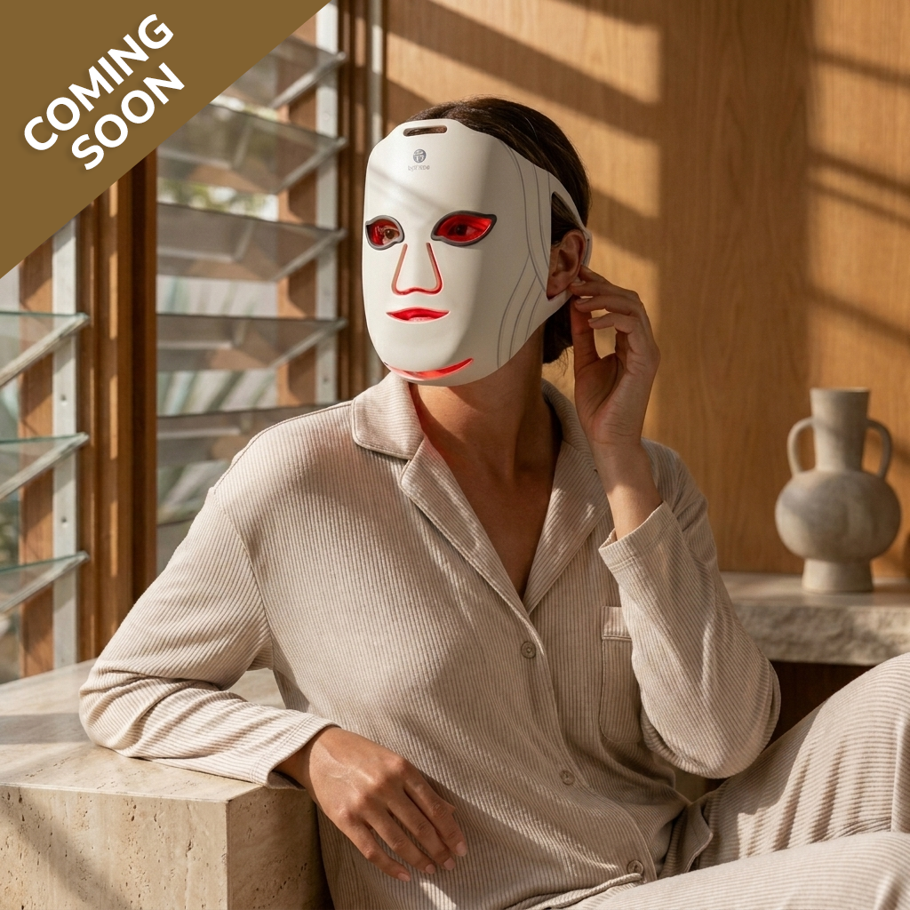 Side profile of woman wearing byTheia 5D Pro LED mask - liquid silicone 5D design conforms precisely to face with no gaps for optimal near-infrared light penetration
