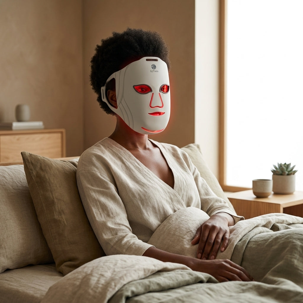 Woman wearing byTheia 5D Pro LED face mask in red light anti-aging mode - 633nm collagen stimulation and 1072nm near-infrared deep tissue repair at home Canada