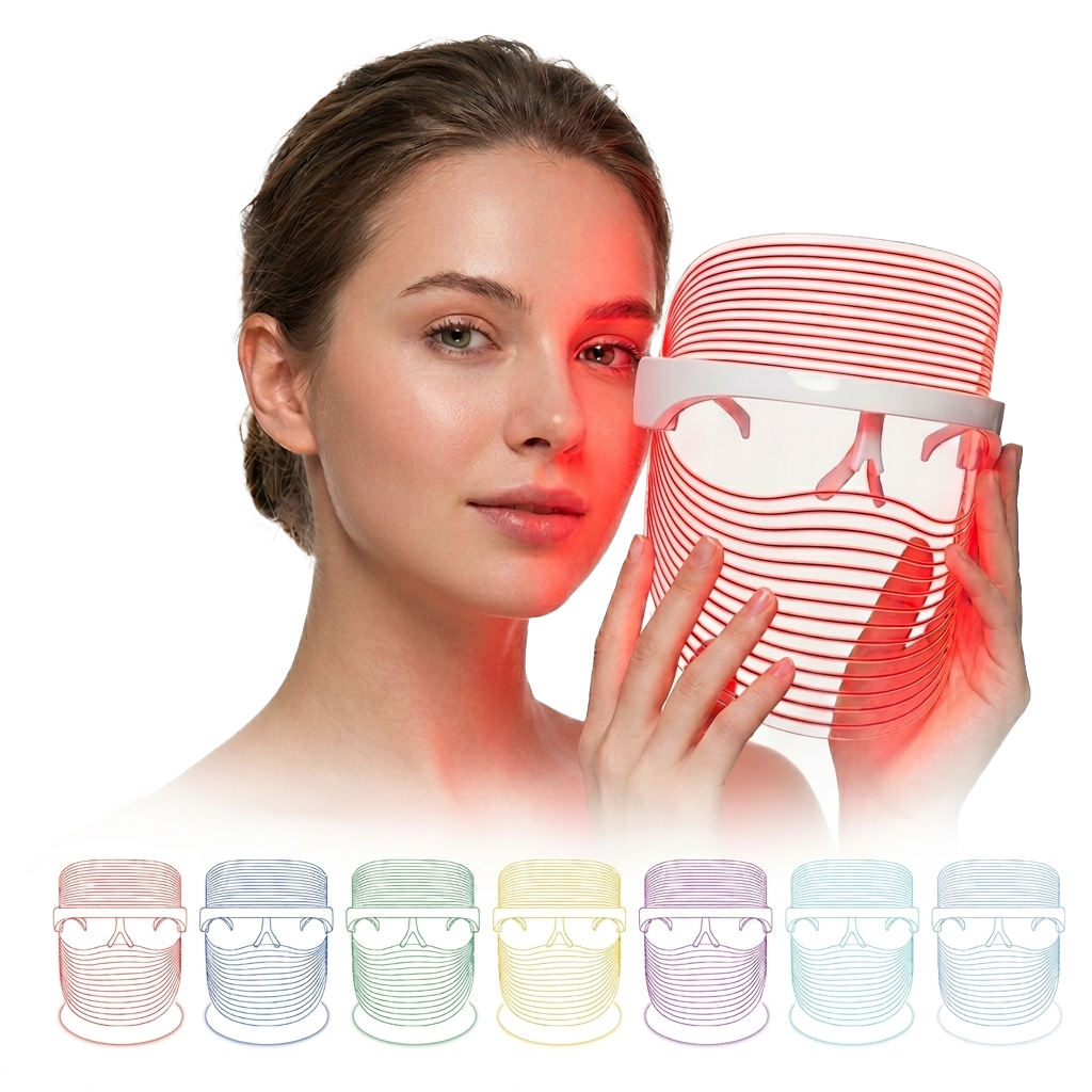 byTheia 7 Colour LED face mask showing all 7 light modes - red blue green yellow purple cyan and white LED wavelengths