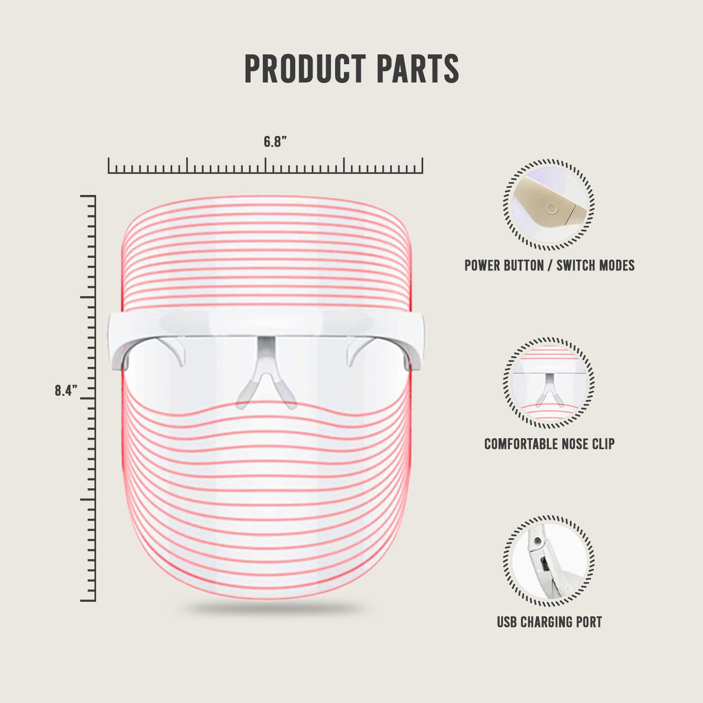 Product parts diagram of LED Face Mask with a nasal device, measurements, and feature icons on a beige background.