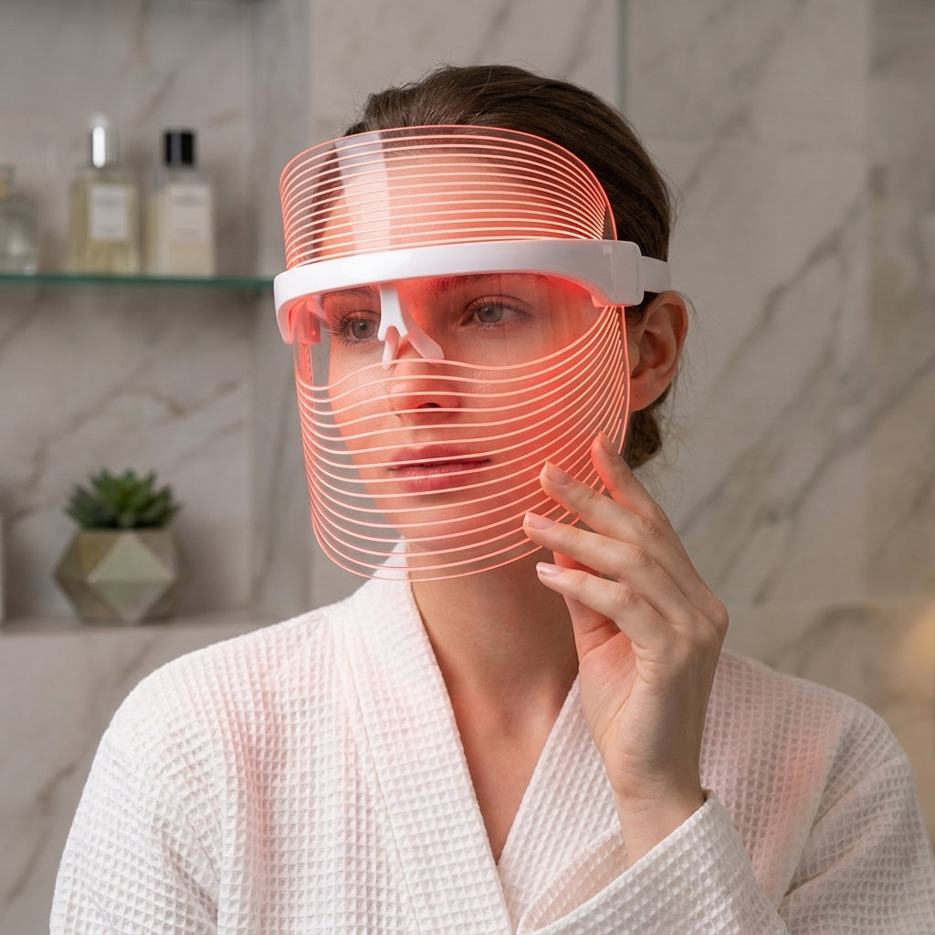 Woman wearing byTheia 7 Colour LED face mask at home, 10 minute hands-free LED light therapy treatment Canada
