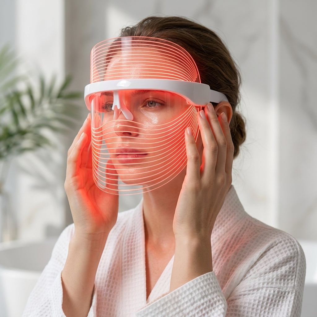 Woman wearing byTheia 7 Colour LED face mask at home - Testing the LED Face mask