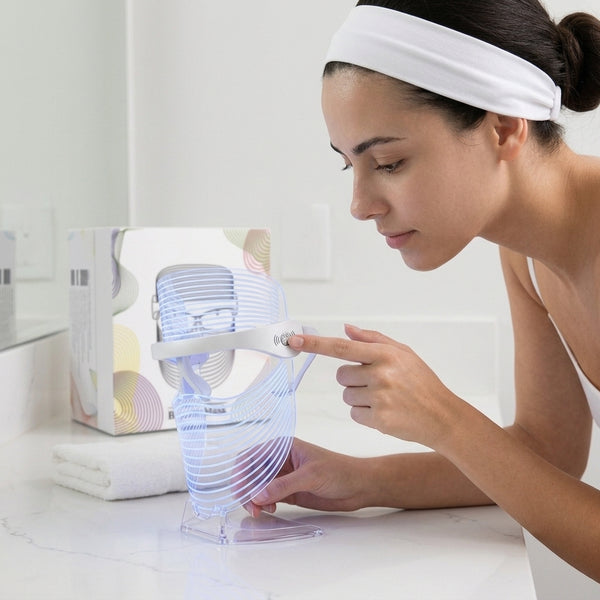 How to use byTheia 7 Colour LED face mask step 2 - press and hold power button to select LED wavelength mode