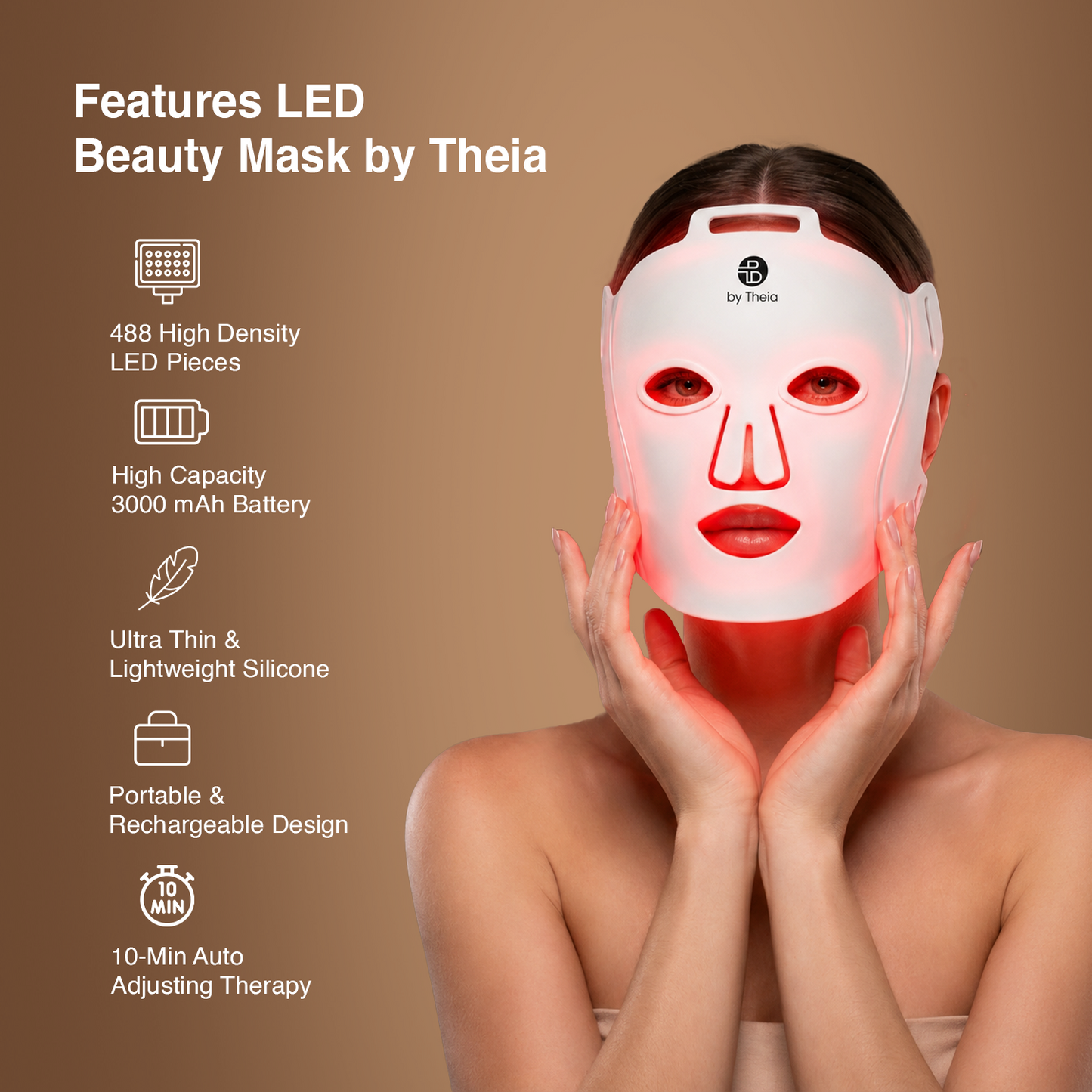 byTheia Advanced LED Facial Mask BTFM03 worn on model — 488 high-density LED pieces, 3000mAh battery, ultra-thin lightweight silicone, portable rechargeable design, 10-minute auto therapy