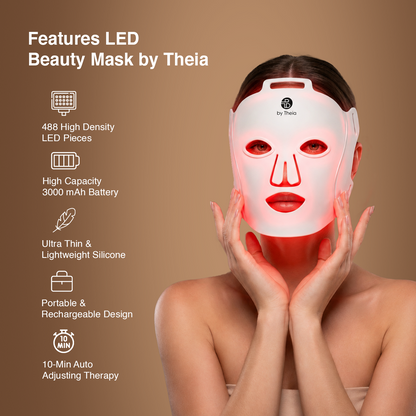byTheia Advanced LED Facial Mask BTFM03 worn on model — 488 high-density LED pieces, 3000mAh battery, ultra-thin lightweight silicone, portable rechargeable design, 10-minute auto therapy
