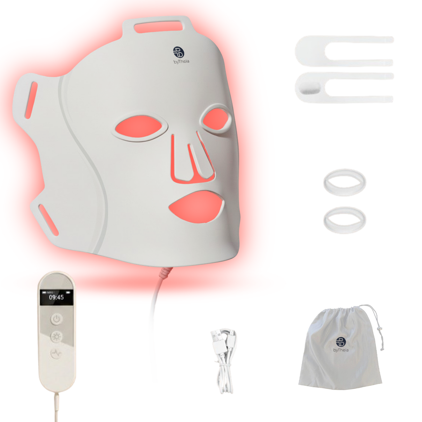 byTheia Advanced LED Light Therapy Facial Mask BTFM03 complete kit — mask glowing red, controller, USB-C cable, adjustable buckle, eye protectors, and branded drawstring bag