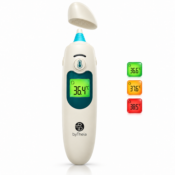 byTheia digital ear and forehead thermometer with the probe cover off and its green, orange and red fever display