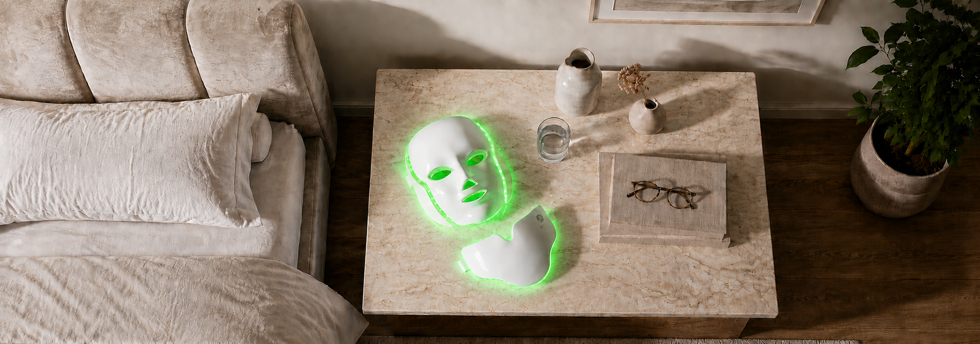 byTheia LED face and neck mask green light mode 527nm - calms melanocytes to reduce hyperpigmentation and dark spots