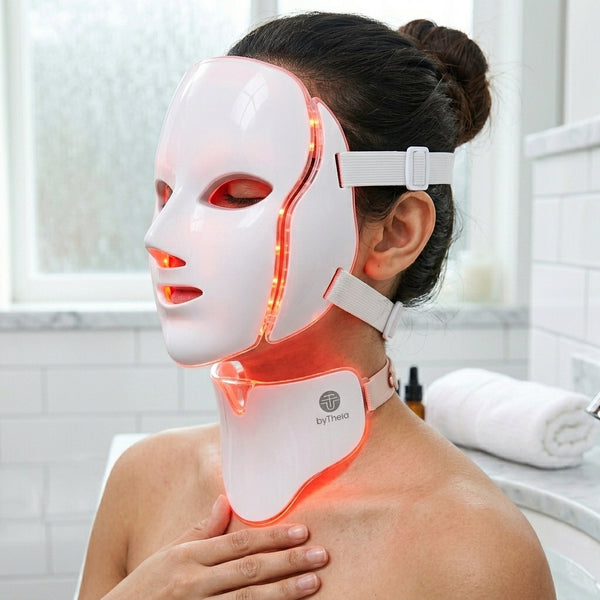How to use byTheia LED face and neck mask step 2 - secure mask with adjustable strap for comfortable hands-free fit