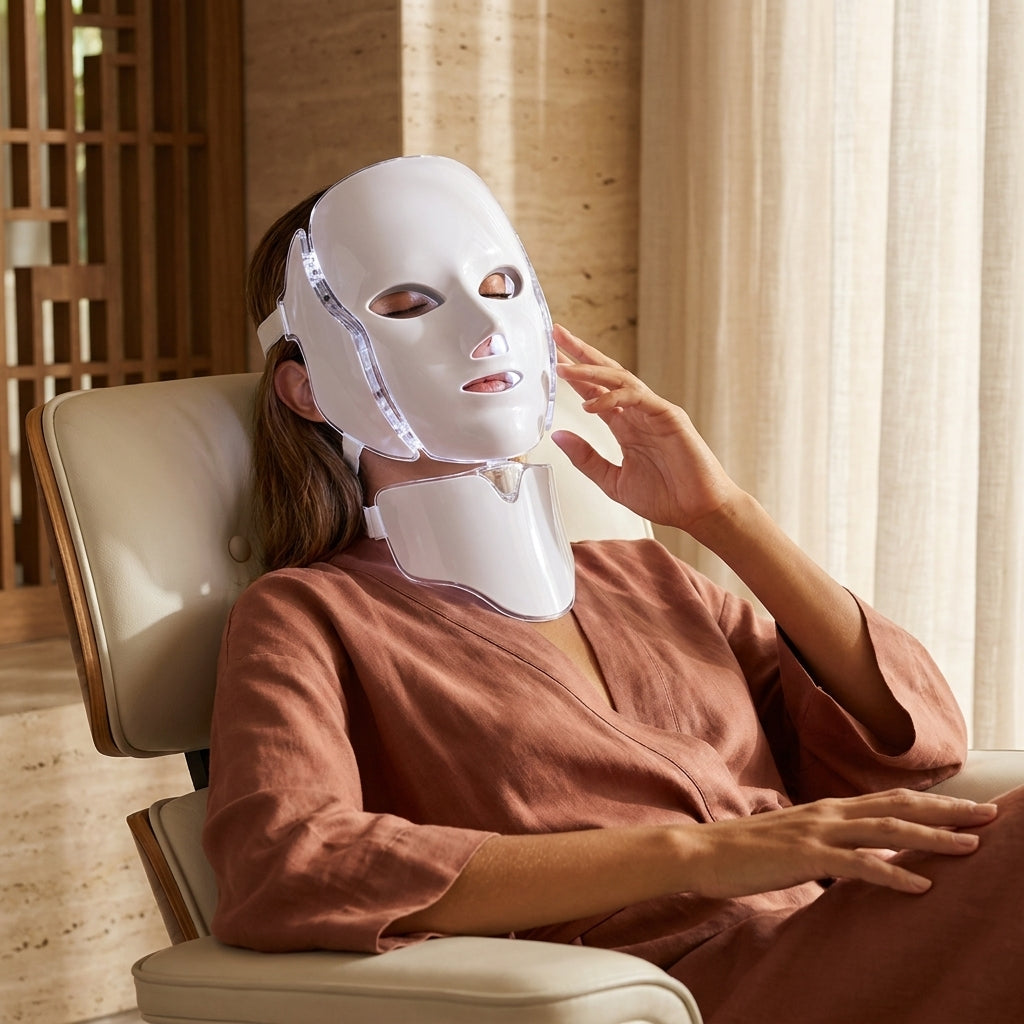 lose up of byTheia LED face and neck beauty mask on model - 192 LED lamps covering face and neck for complete skin rejuvenation