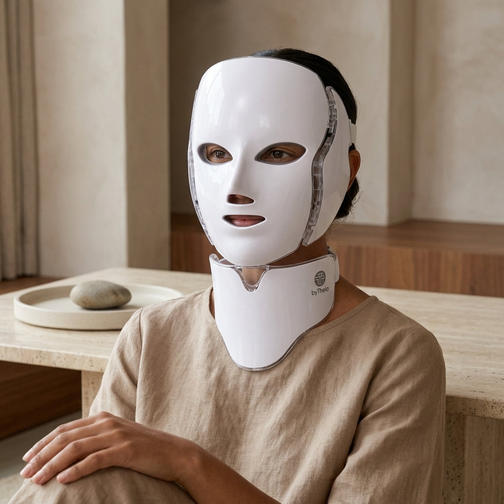 Woman wearing byTheia LED face and neck mask side profile - showing full neck and décolleté LED light therapy coverage
