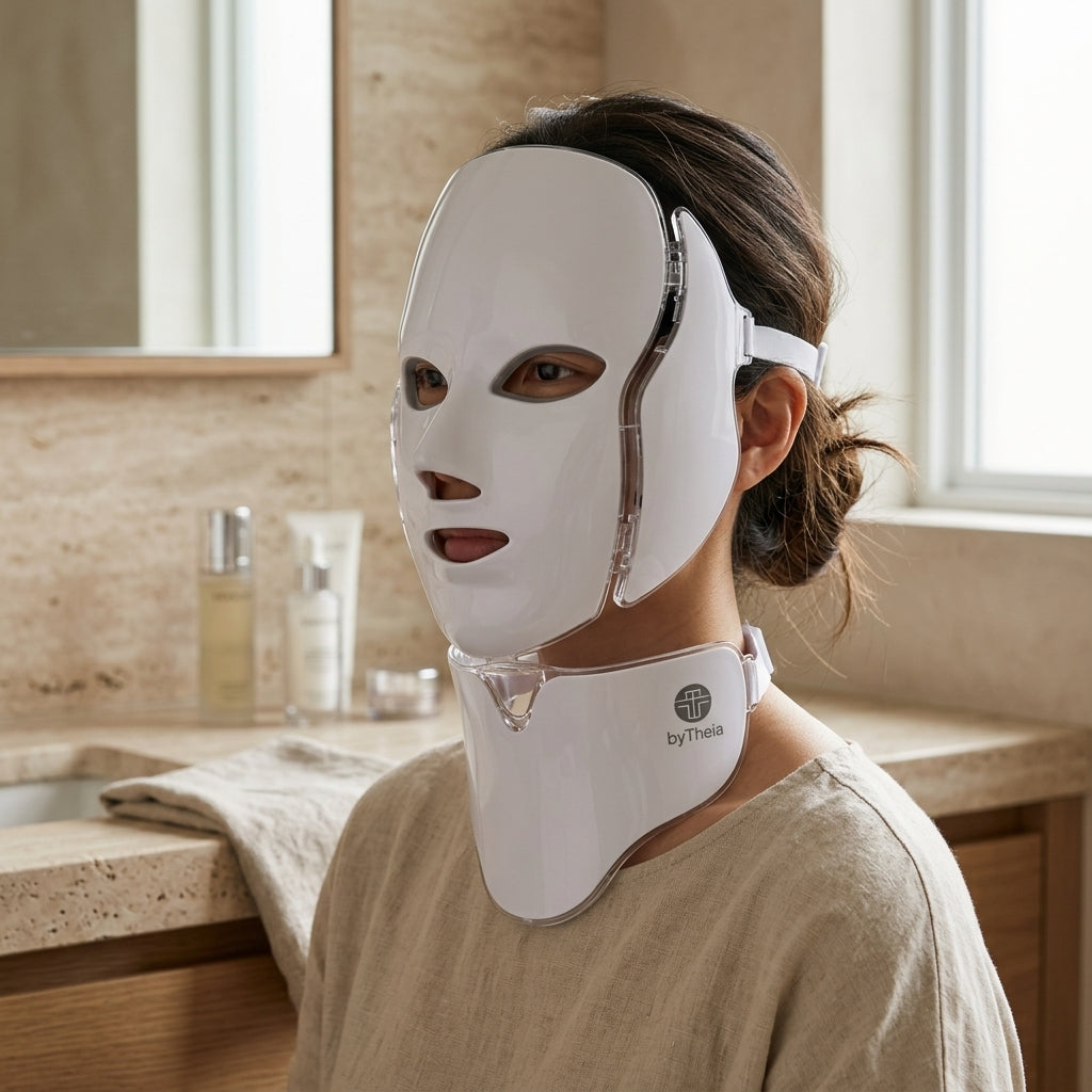Woman wearing byTheia LED face and neck mask in blue light mode - 463nm acne treatment covering face and neck at home Canada