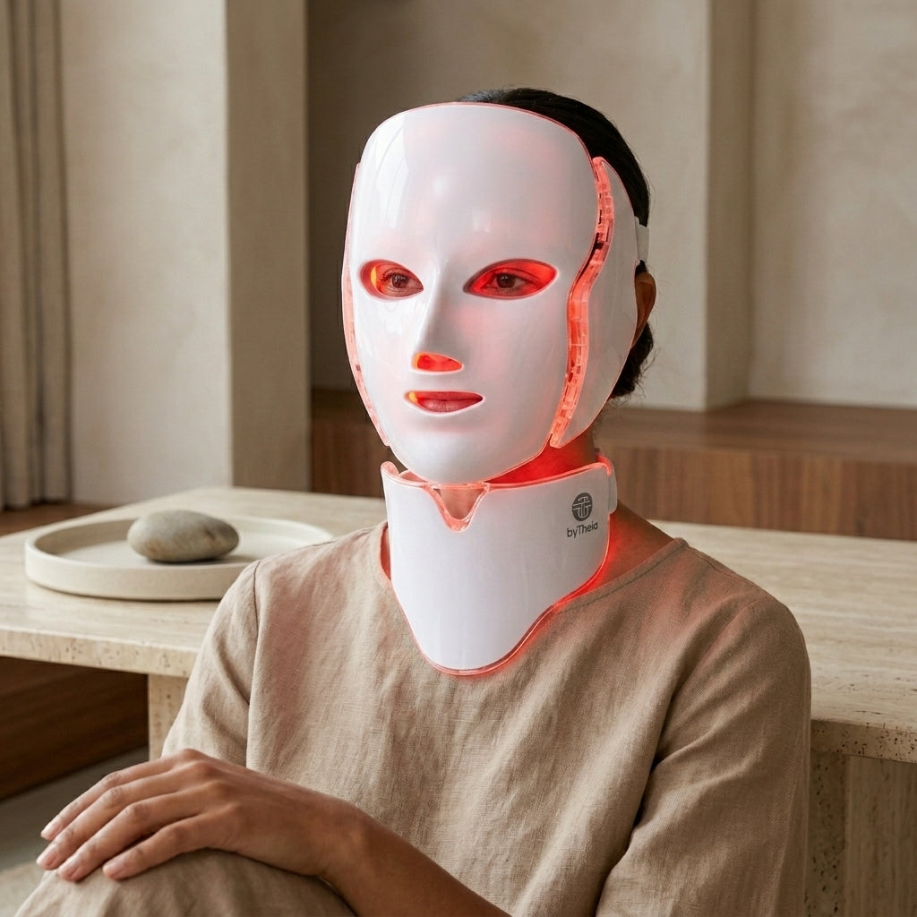 Woman wearing byTheia LED face and neck beauty mask - red light therapy mode treating face and neck simultaneously at home