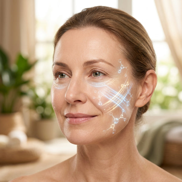 Woman using byTheia LED face mask for anti-aging and wrinkle reduction with collagen stimulation