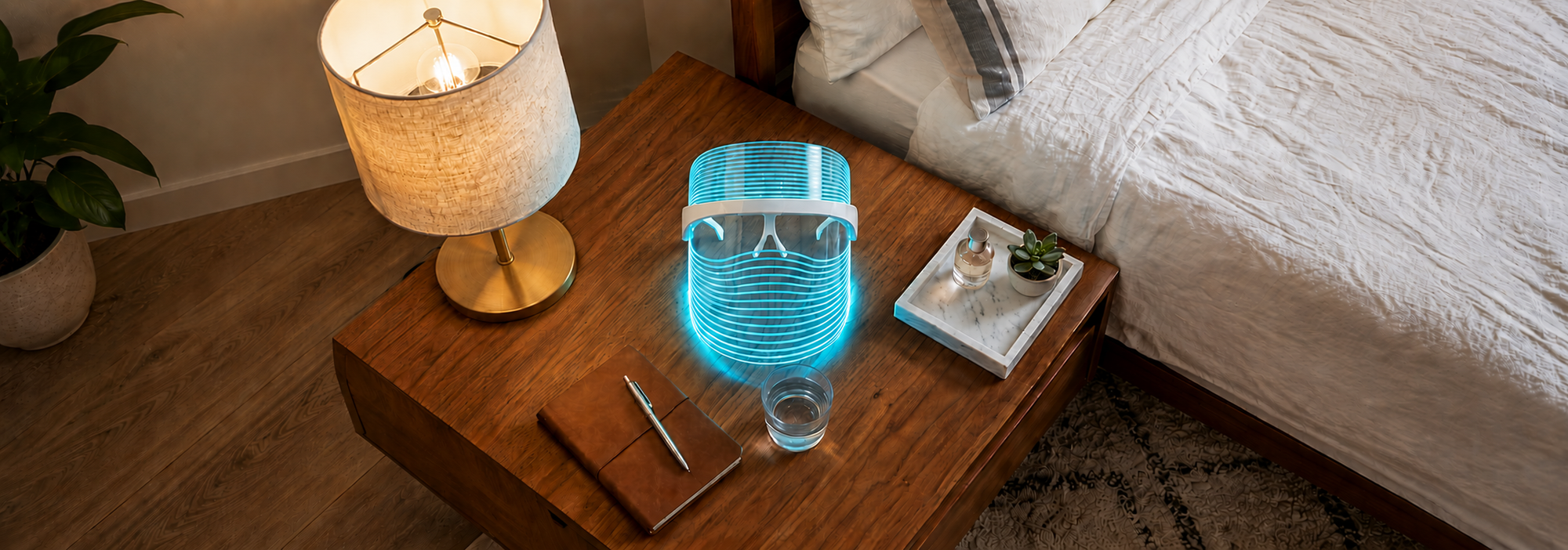 byTheia LED face mask cyan light mode — soothes reactive and sensitive skin, reduces allergen response, supports skin recovery