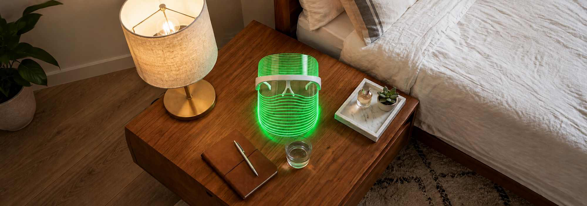 byTheia LED face mask green light mode — inhibits excess melanin production to reduce hyperpigmentation and dark spots