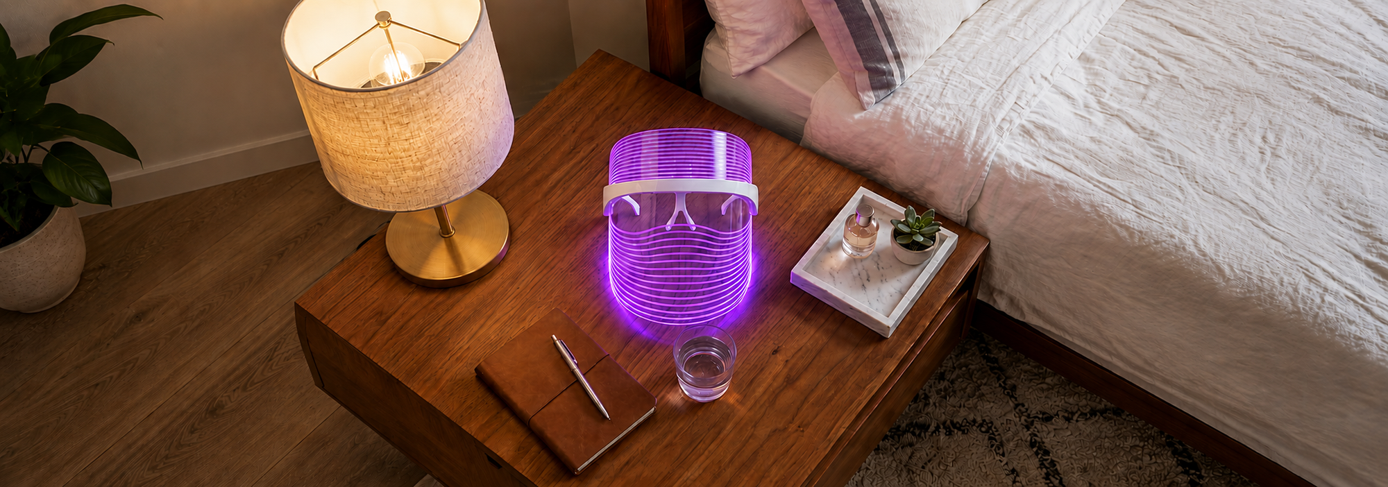 byTheia LED face mask purple light mode — combines red and blue wavelength benefits for simultaneous acne and anti-aging treatment
