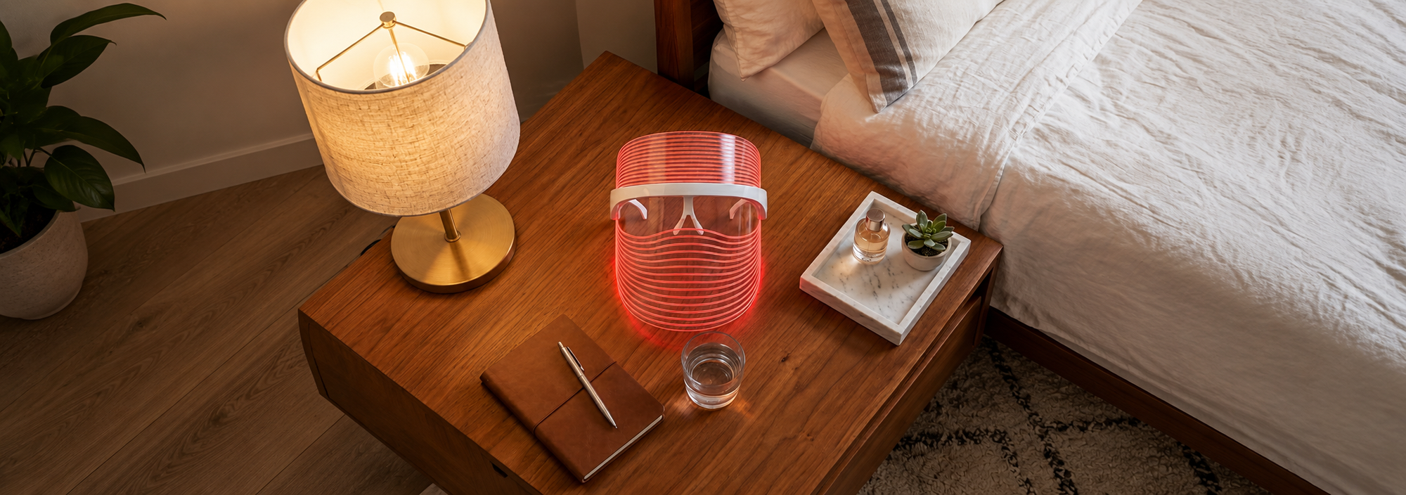 byTheia LED face mask red light mode — stimulates fibroblast collagen synthesis to firm skin and reduce fine lines