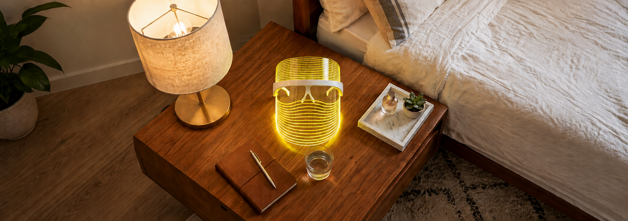 byTheia LED face mask yellow light 590nm mode — reduces redness, supports lymphatic drainage, and restores natural skin glow