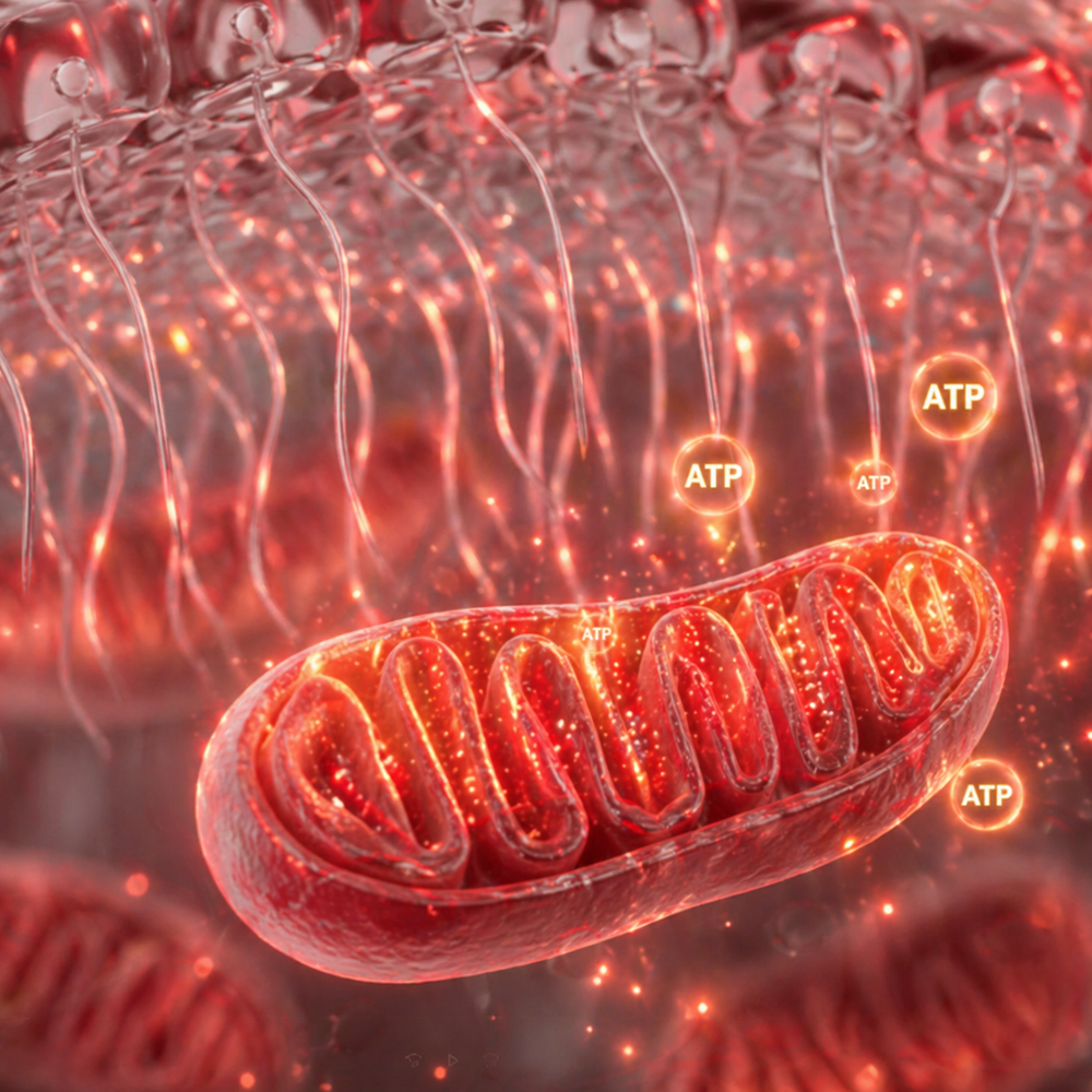 Diagram illustrating how LED light therapy stimulates mitochondrial ATP energy production in skin