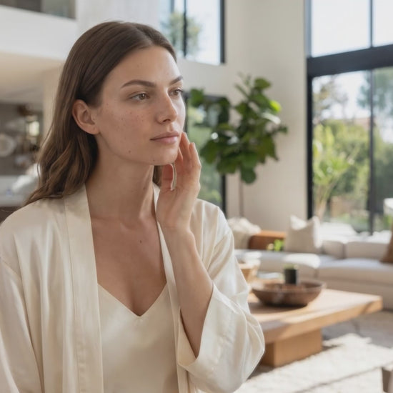 Product video: woman at home in front of a mirror, touching her cheek, with the byTheia LED face mask.