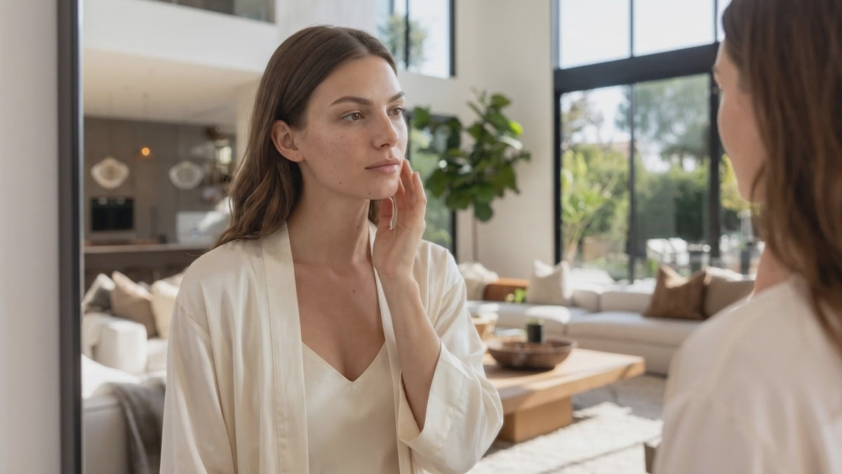 Product video: woman at home in front of a mirror, touching her cheek, with the byTheia LED face mask.
