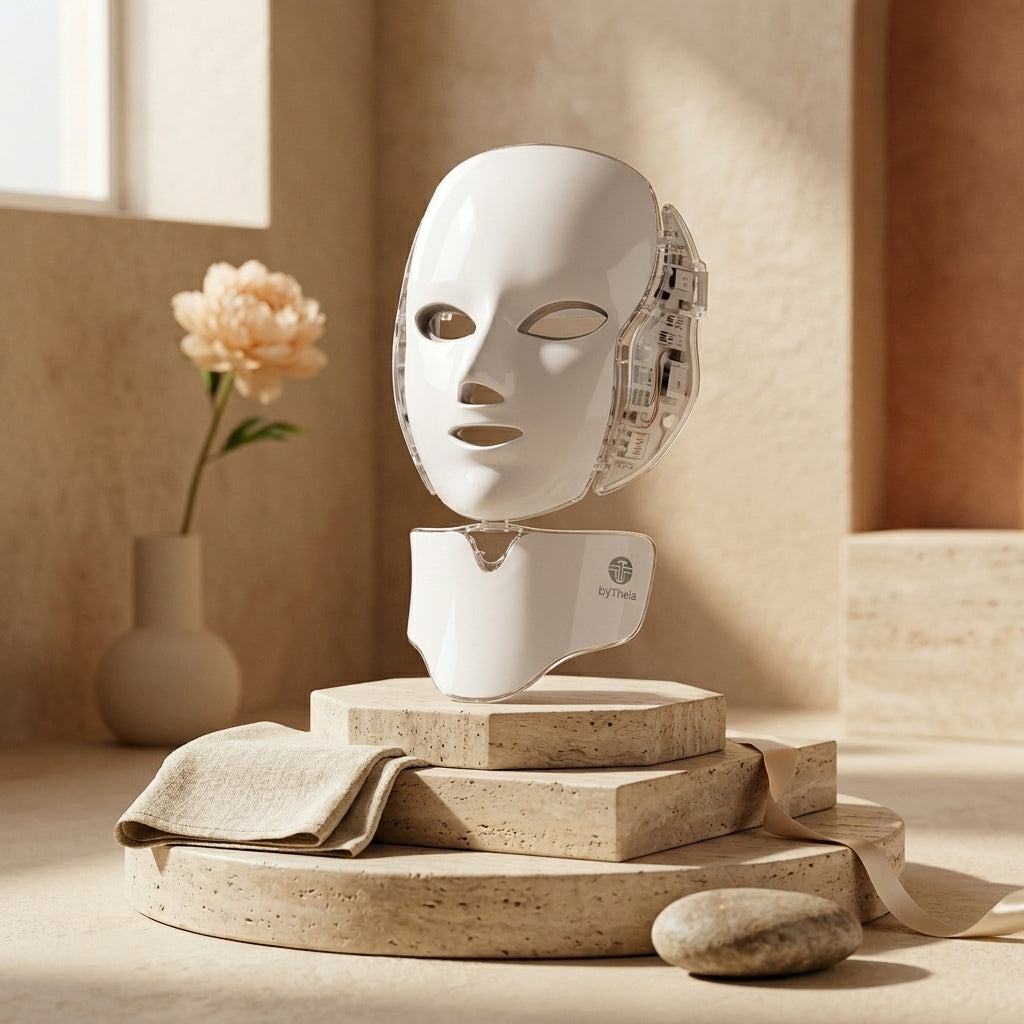 byTheia LED face and neck beauty mask angled view - showing full face and neck LED panel coverage with wired controller