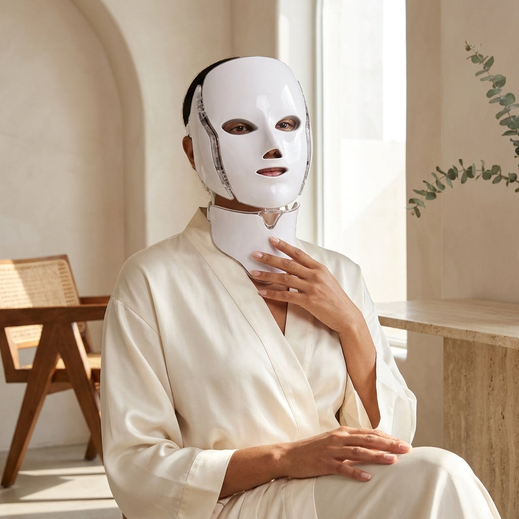 Woman relaxing at home wearing byTheia LED face and neck mask - hands-free LED light therapy session up to 90 minutes Canada
